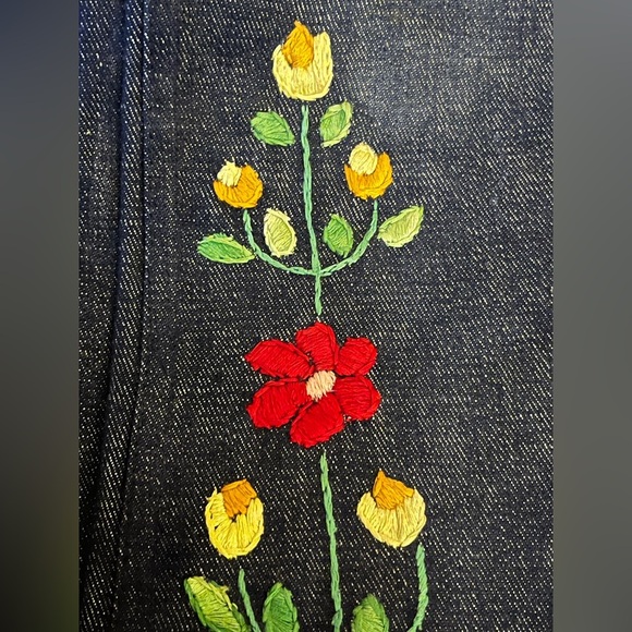 Vintage 1970s floral embroidered flare jeans Dude waist 28 hippie salvage denim - Picture 9 of 14